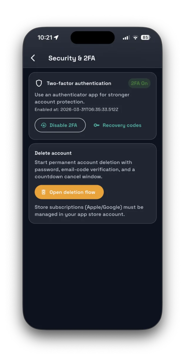 Safara security and account action screen