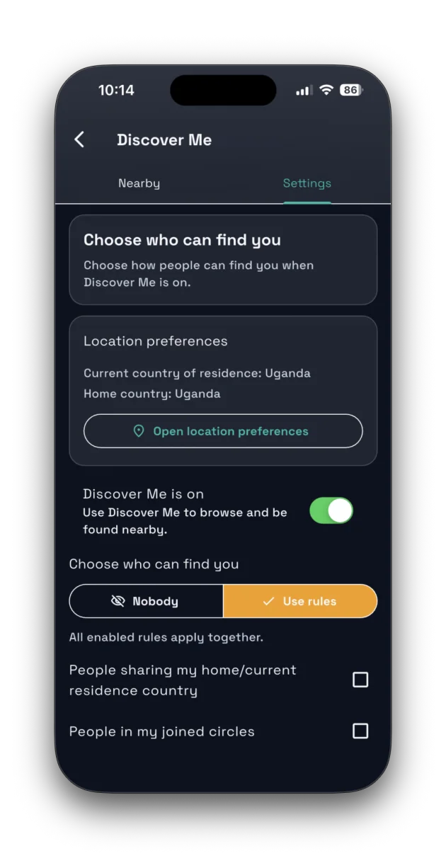 Safara discover me settings