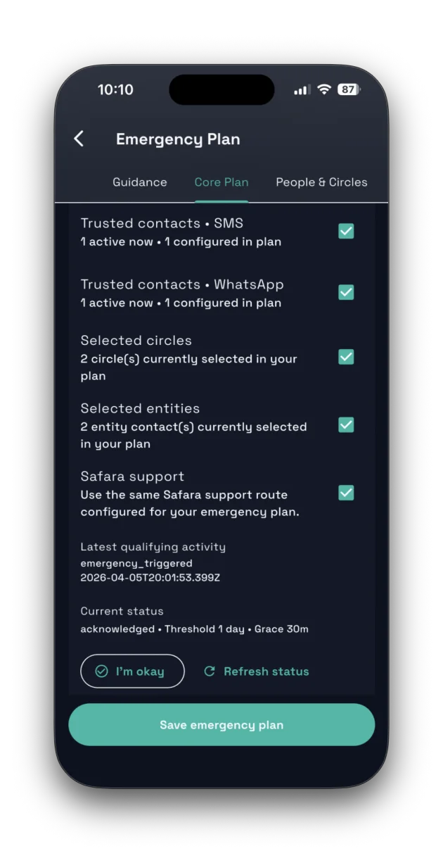 The actual Safara Emergency Plan setup screen