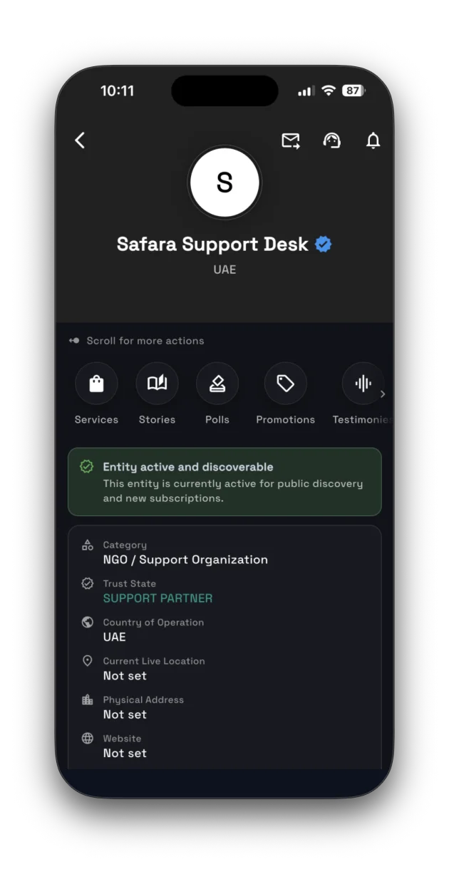 Safara public-facing entity detail screen