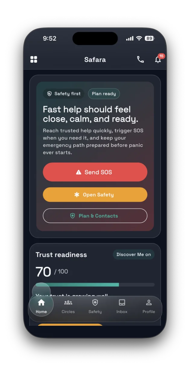 Safara app home screen with SOS, safety and emergency plan controls