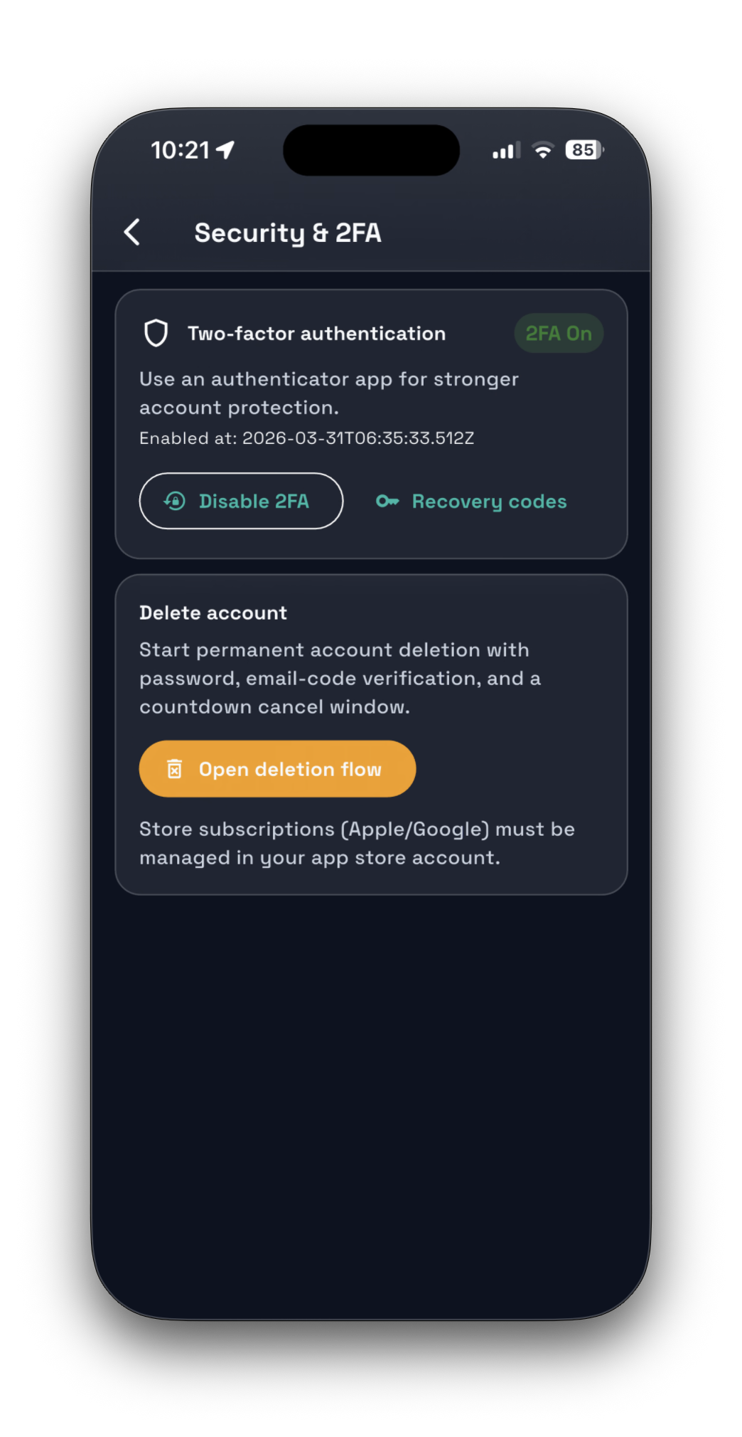 Safara security and two-factor screen