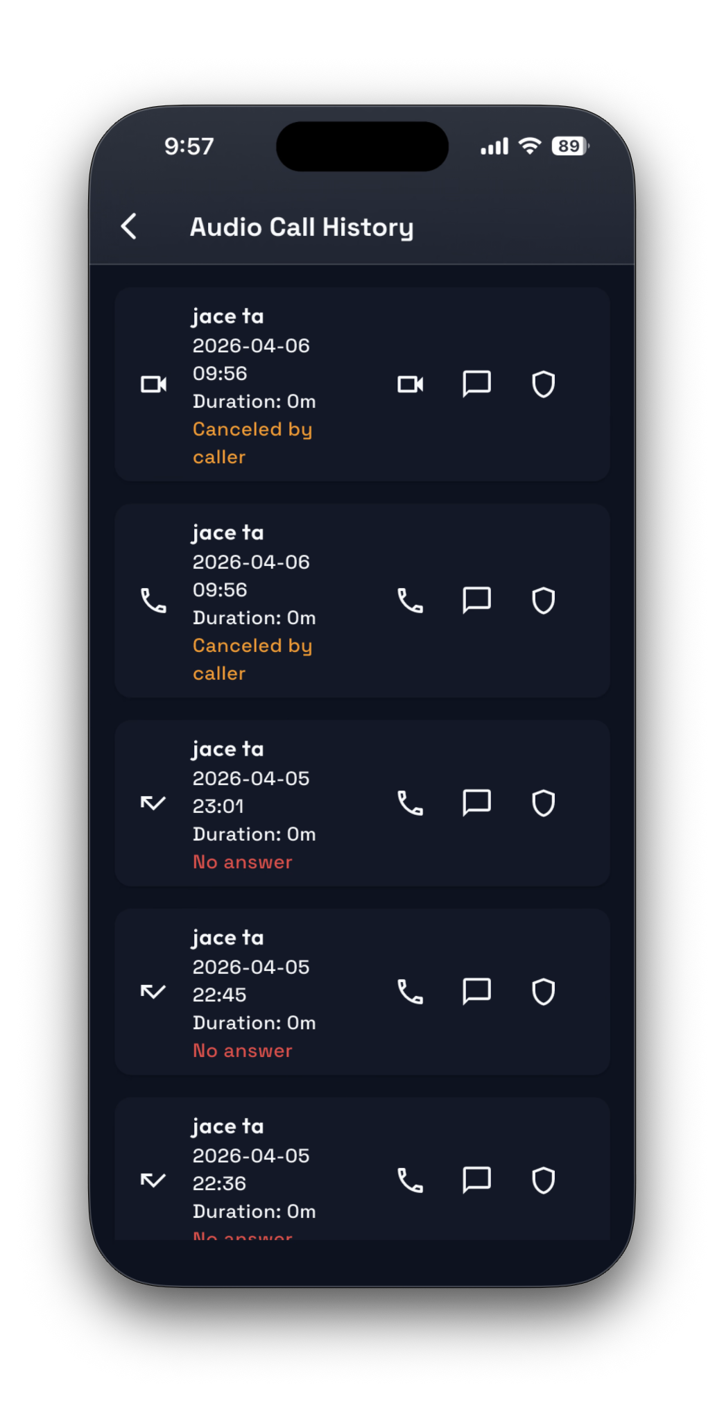 Safara call history screen