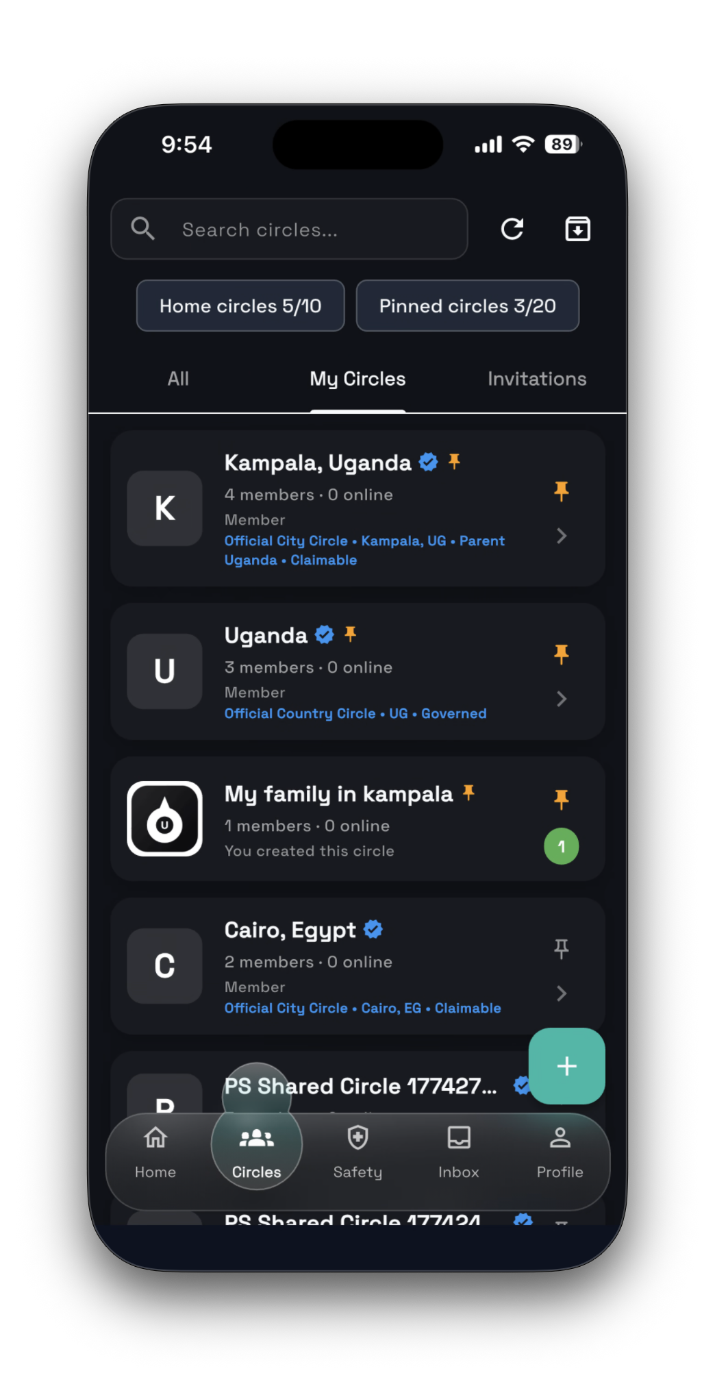Safara circles feature screen