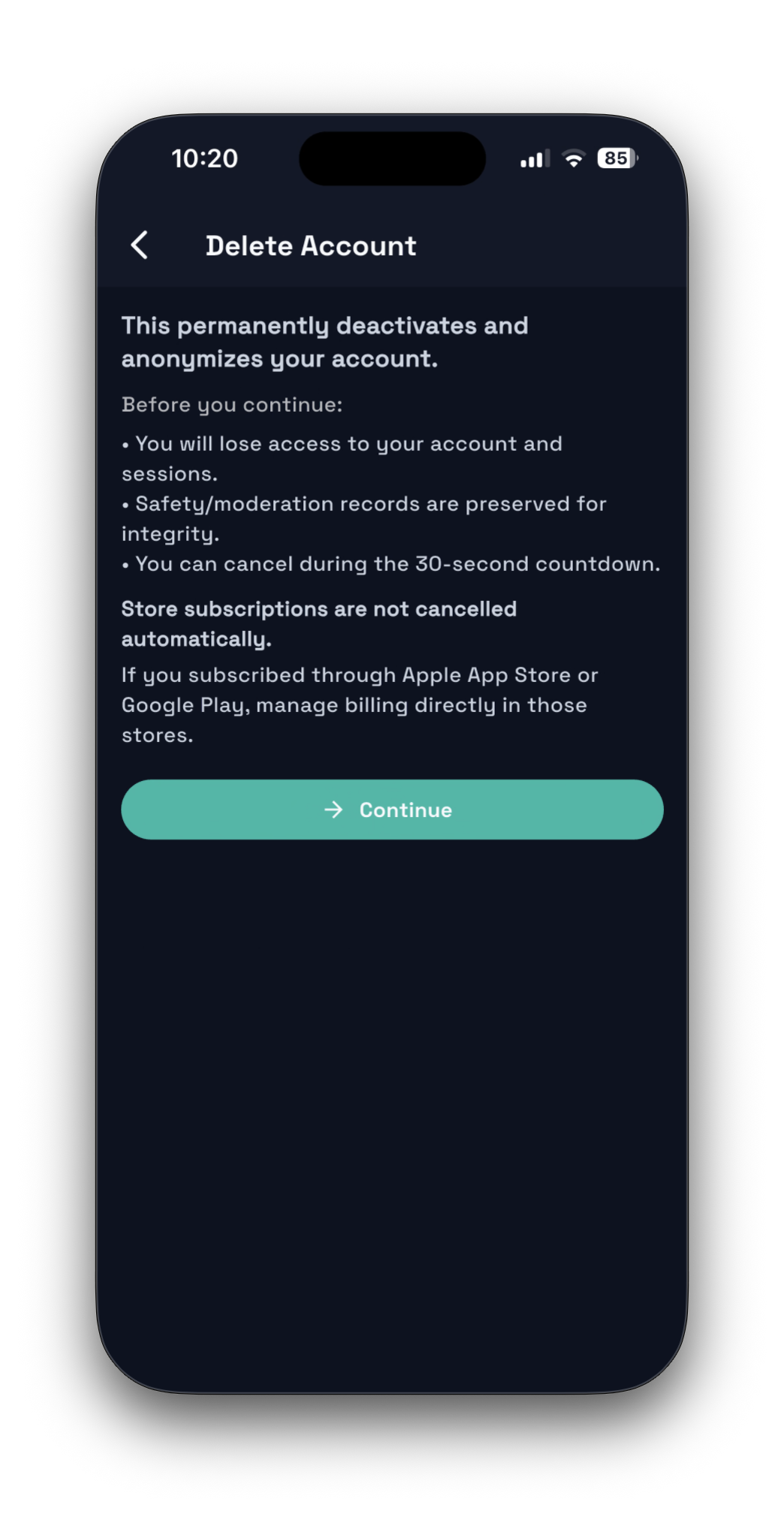 Safara account deletion screen