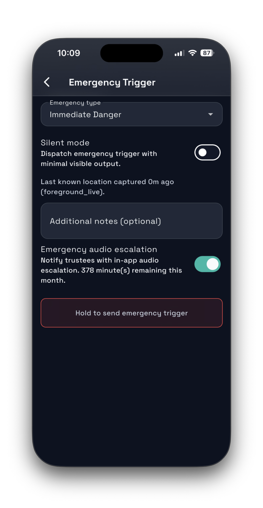 Safara emergency trigger screen