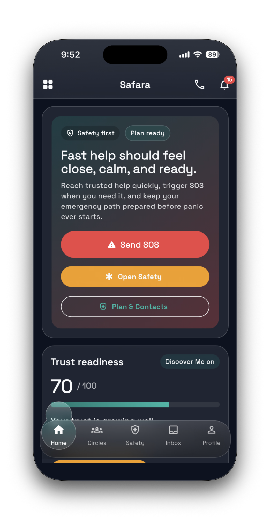 Safara home screen with safety snapshot